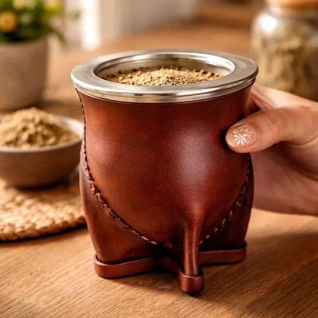 Mate Calabaza Camionero Cuero + Bombilla Pico De Loro Marrón
