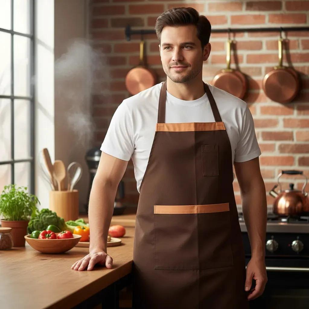 Delantal Asador Gabardina Reforzado Ajustable Doble Bolsillo Marrón Liso