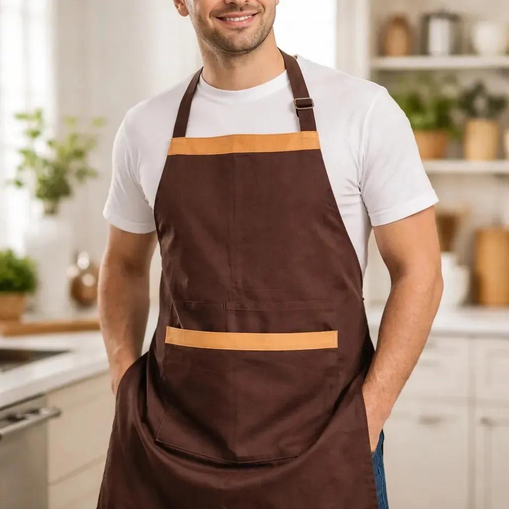 Delantal Asador Gabardina Reforzado Ajustable Doble Bolsillo Marrón Liso