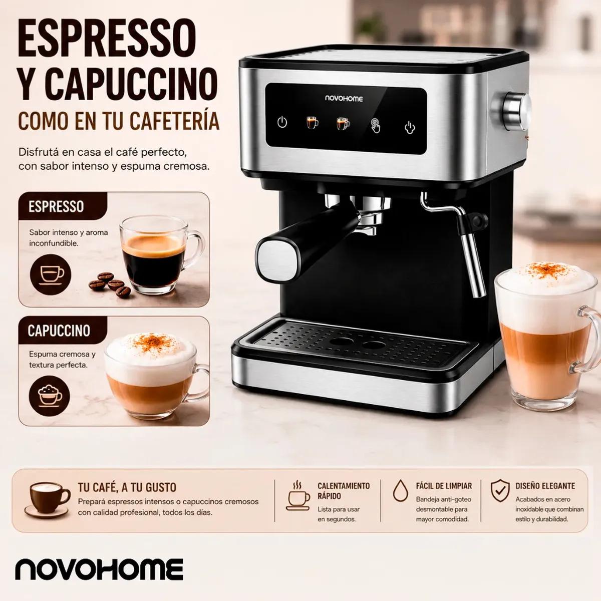 Cafetera Espresso Automatica Digital Novohome 1.7 Lts Express Display Tactil A Color 20 Bar De Presión Acero Inoxidable Con Calentador De Tazas Vaporizador Espumador