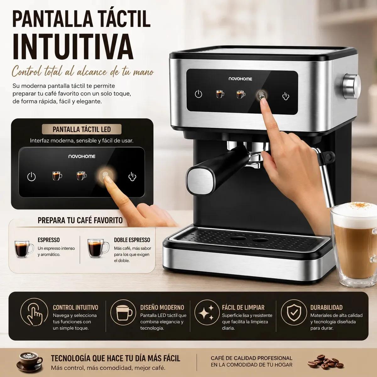 Cafetera Espresso Automatica Digital Novohome 1.7 Lts Express Display Tactil A Color 20 Bar De Presión Acero Inoxidable Con Calentador De Tazas Vaporizador Espumador