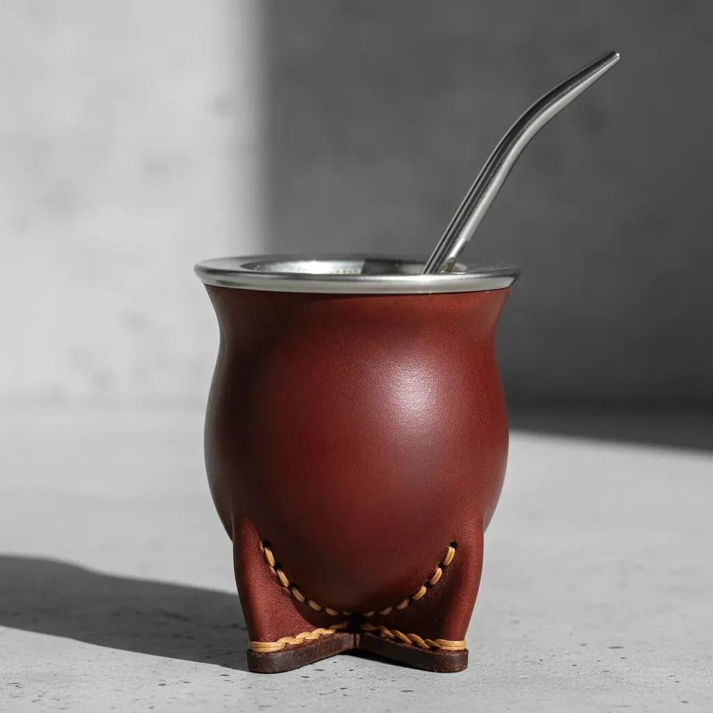 Mate Calabaza Camionero Cuero + Bombilla Pico De Loro Marrón