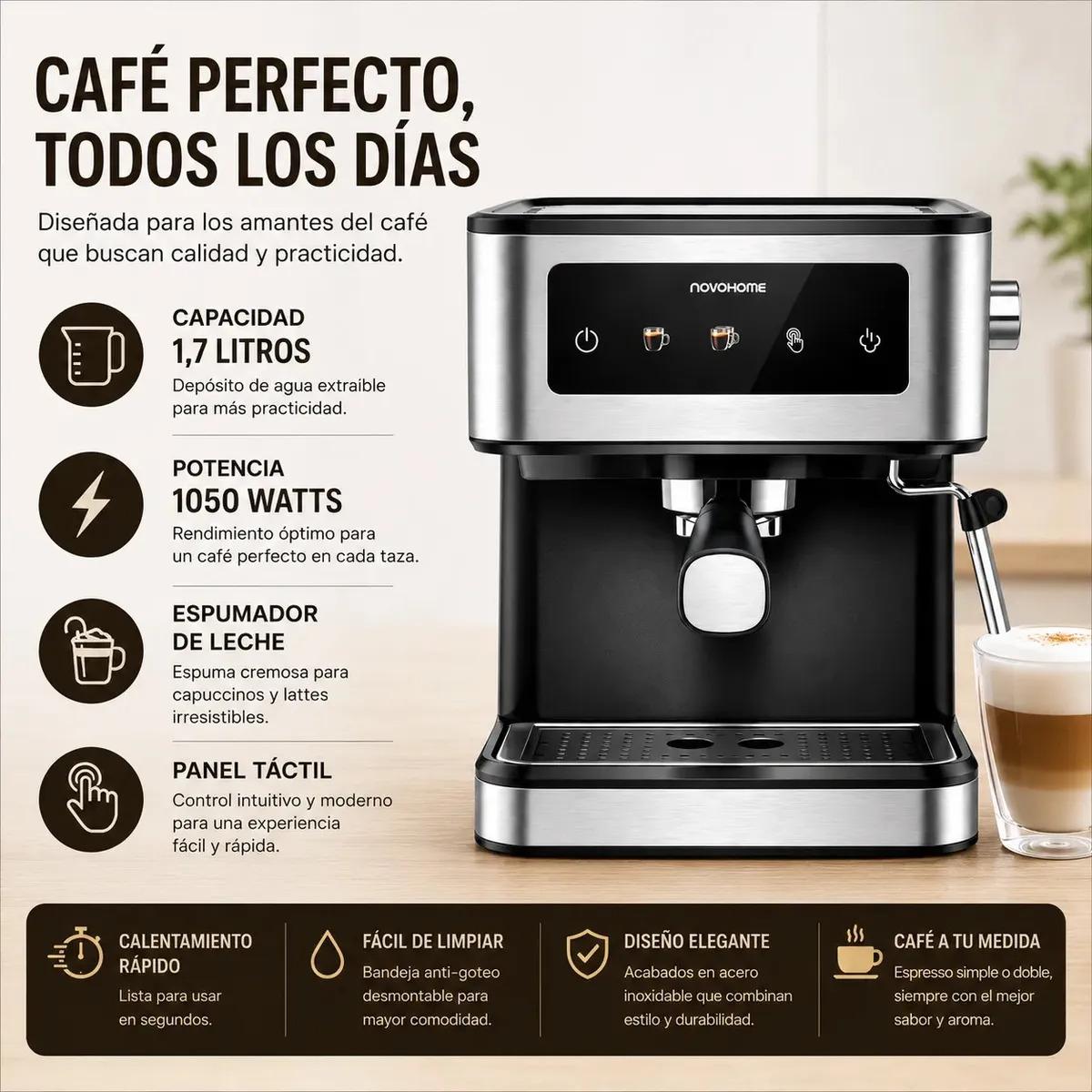 Cafetera Espresso Automatica Digital Novohome 1.7 Lts Express Display Tactil A Color 20 Bar De Presión Acero Inoxidable Con Calentador De Tazas Vaporizador Espumador