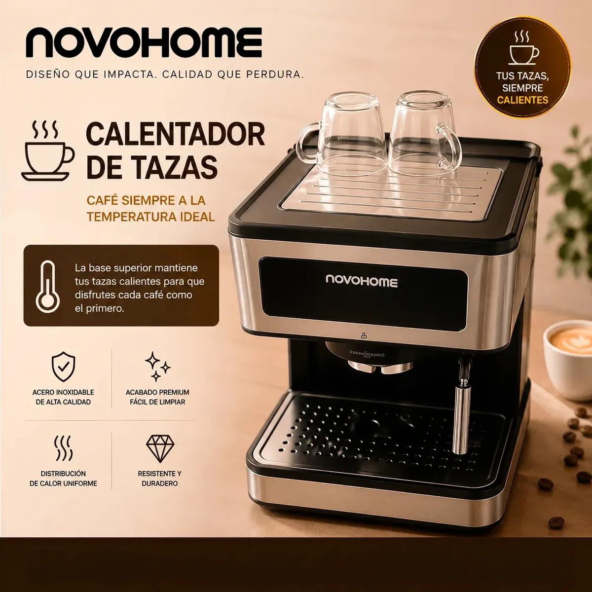 Cafetera Espresso Automatica Digital Novohome 1.7 Lts Express Display Tactil A Color 20 Bar De Presión Acero Inoxidable Con Calentador De Tazas Vaporizador Espumador