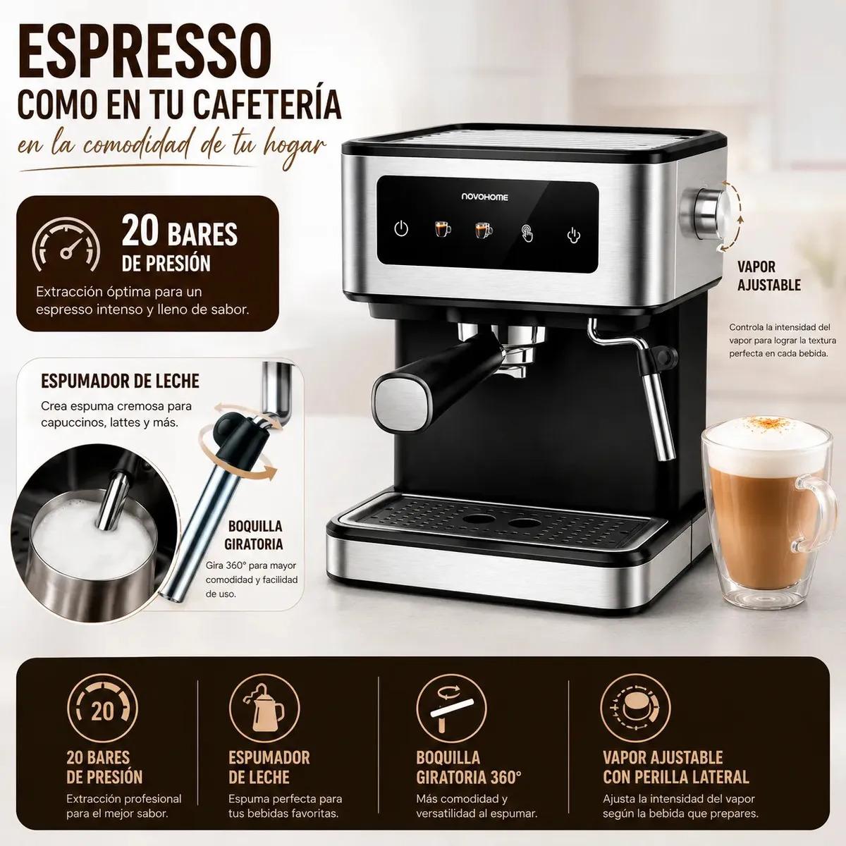 Cafetera Espresso Automatica Digital Novohome 1.7 Lts Express Display Tactil A Color 20 Bar De Presión Acero Inoxidable Con Calentador De Tazas Vaporizador Espumador