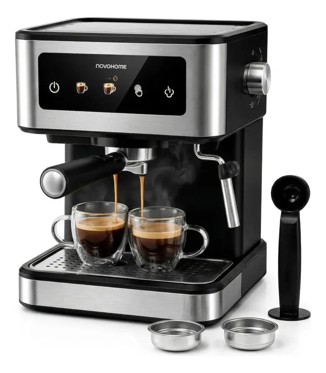 Cafetera Espresso Automatica Digital Novohome 1.7 Lts Express Display Tactil A Color 20 Bar De Presión Acero Inoxidable Con Calentador De Tazas Vaporizador Espumador