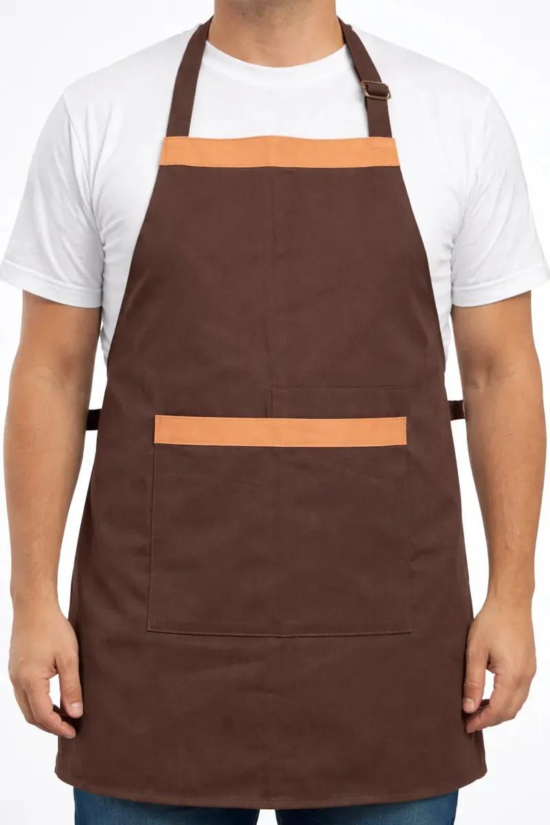 Delantal Asador Gabardina Reforzado Ajustable Doble Bolsillo Marrón Liso