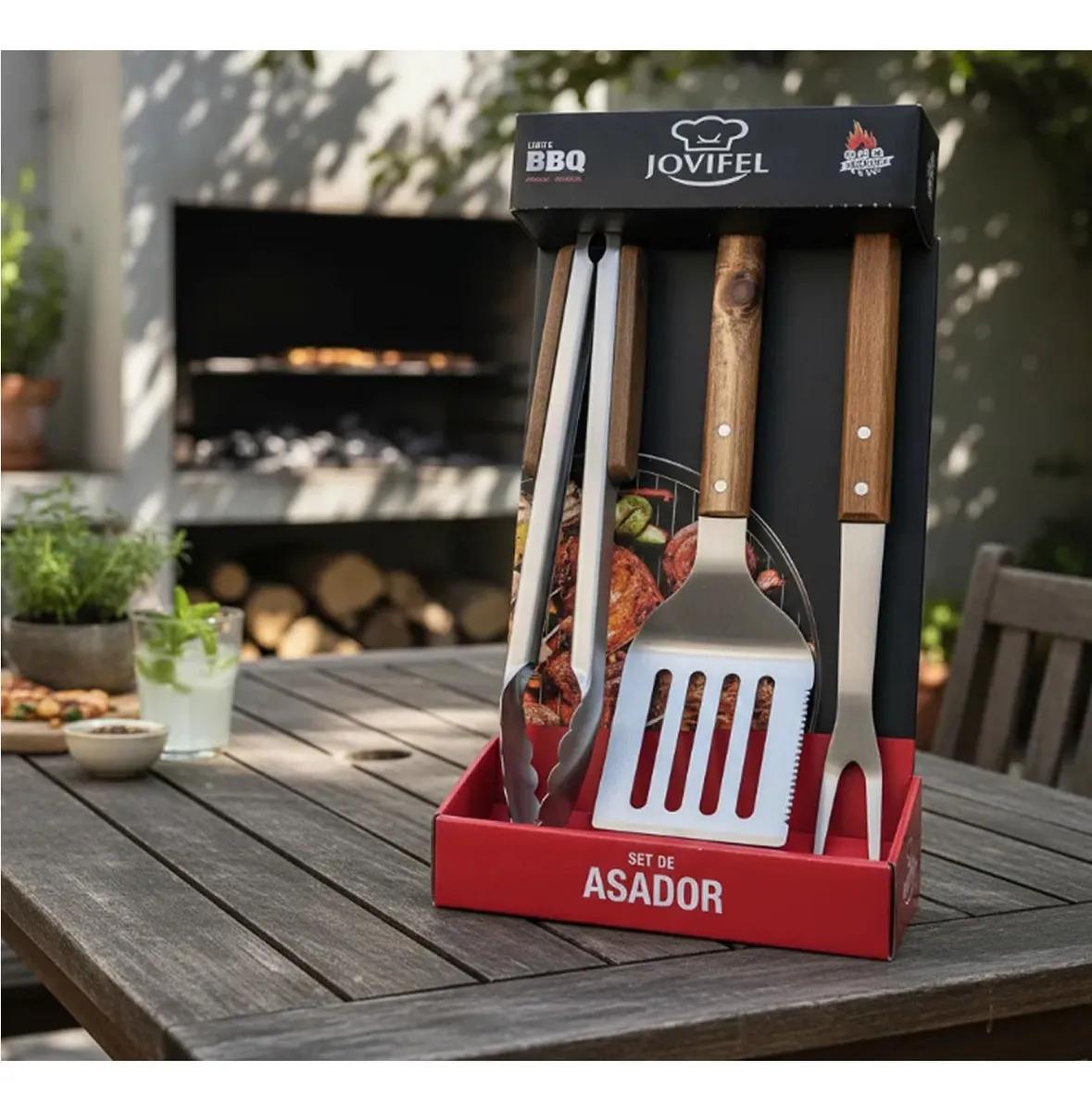 Set Asador Parrillero 3 Piezas Acero Inoxidable Jovifel